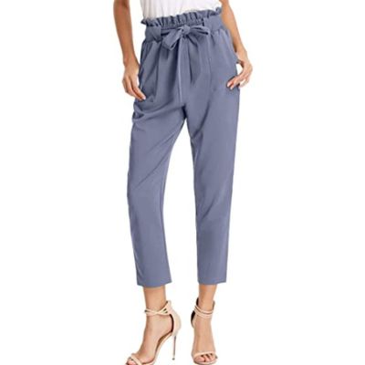 Maiyifu-GJ Women's High Waist Paper Bag Pants Solid Self Tie Belted Pencil Trouser Casual Drawstring Long Pants with Pocket (Light Blue,Medium)