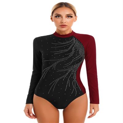 Hansber Women's Ballet Dance Leotard Long Sleeve Gymnastics Figure Skating Outfits Glitter Rhinestone Bodysuit Top Burgundy Large