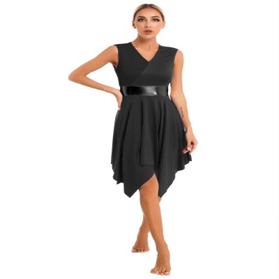 HULIJA Women's V Neck Sleeveless Praise Dance Dresses Irregular Liturgical Worship Dance Costume 03-BK Large