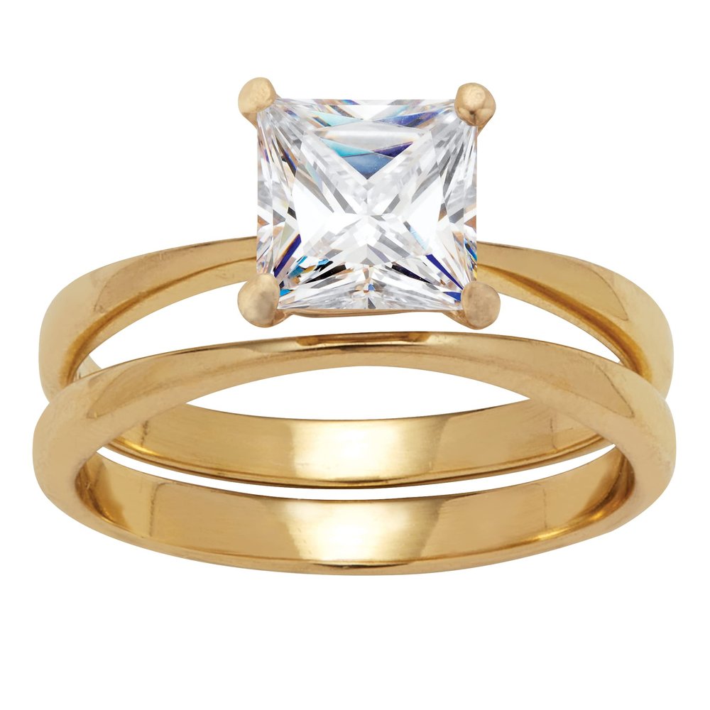 PalmBeach Jewelry Stainless Steel or Yellow Gold Ion-Plated Stainless Steel Princess Cubic Zirconia Solitaire Bridal Ring Set, 1.62 TCW CZ Size 10