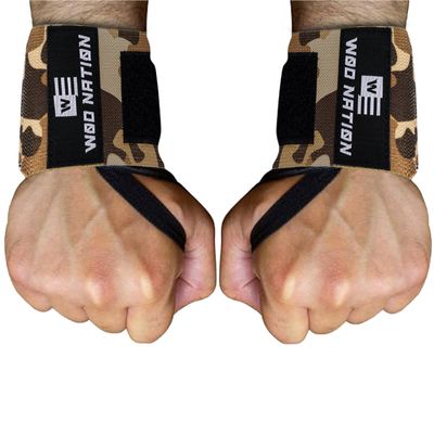 WOD Nation Wrist Wraps - Secure Hook-and-Loop Closure & Wrist Support - Thumb Loop for Weightlifting Stability - Durable Polyester Blend for Strength Training - 18-Inch, Brown Camo