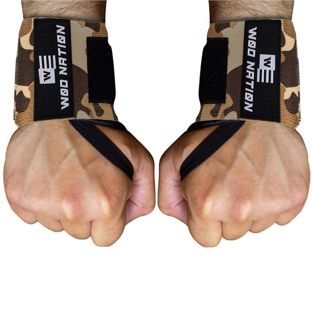 WOD Nation Wrist Wraps - Secure Hook-and-Loop Closure & Wrist Support - Thumb Loop for Weightlifting Stability - Durable Polyester Blend for Strength Training - 18-Inch, Brown Camo