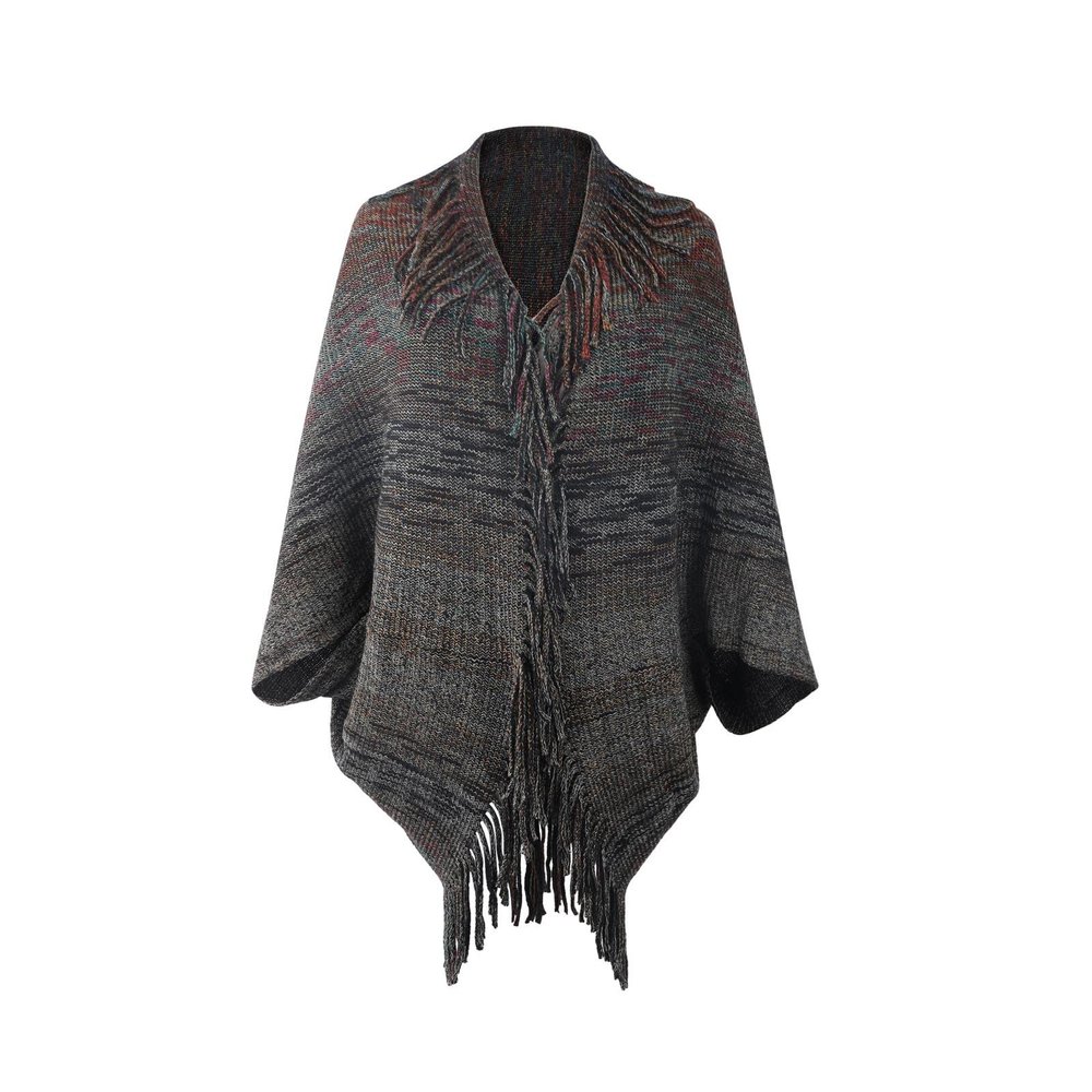HGps8w Women's Knit Shawl Wrap Batwing Stripes Poncho Open Front Vintage Elegant Fringe Tassel Cape Cardigan Sweater
