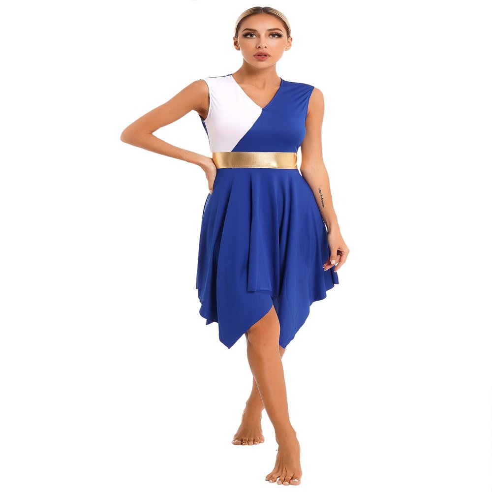 HULIJA Women's V Neck Sleeveless Praise Dance Dresses Irregular Liturgical Worship Dance Costume 03-BE Large