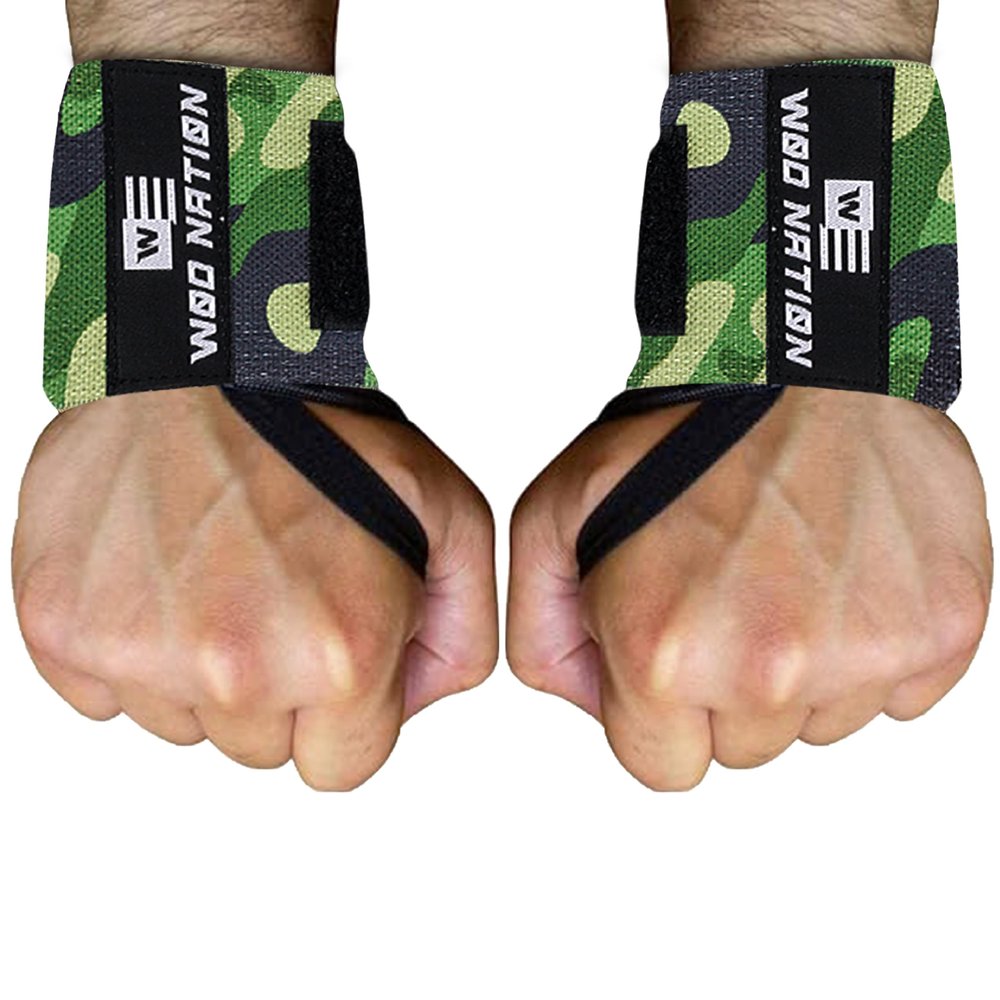 WOD Nation Wrist Wraps - Secure Hook & Loop Closure Gym Wraps - Stabilizing Wrist Support for Weight Lifting - for Powerlifting & Strength Training - 18 In, Green Camo