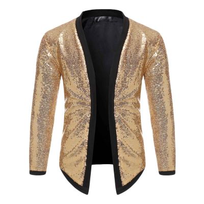 tuduoms Men's Cardigan Shiny Metallic Sequins Jacket 70's Disco Costume Open Front Blazer Christmas Rave Party Dress Shirt