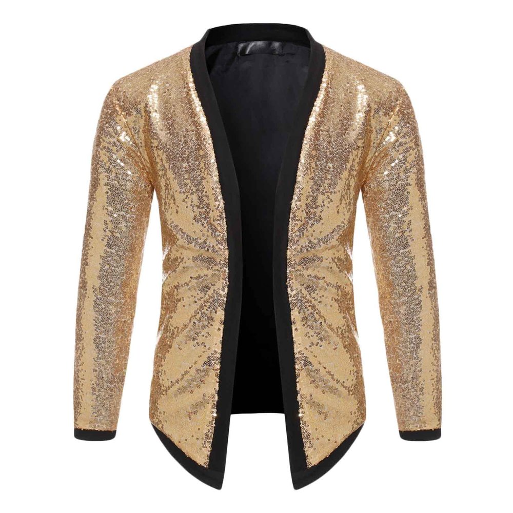 tuduoms Men's Cardigan Shiny Metallic Sequins Jacket 70's Disco Costume Open Front Blazer Christmas Rave Party Dress Shirt