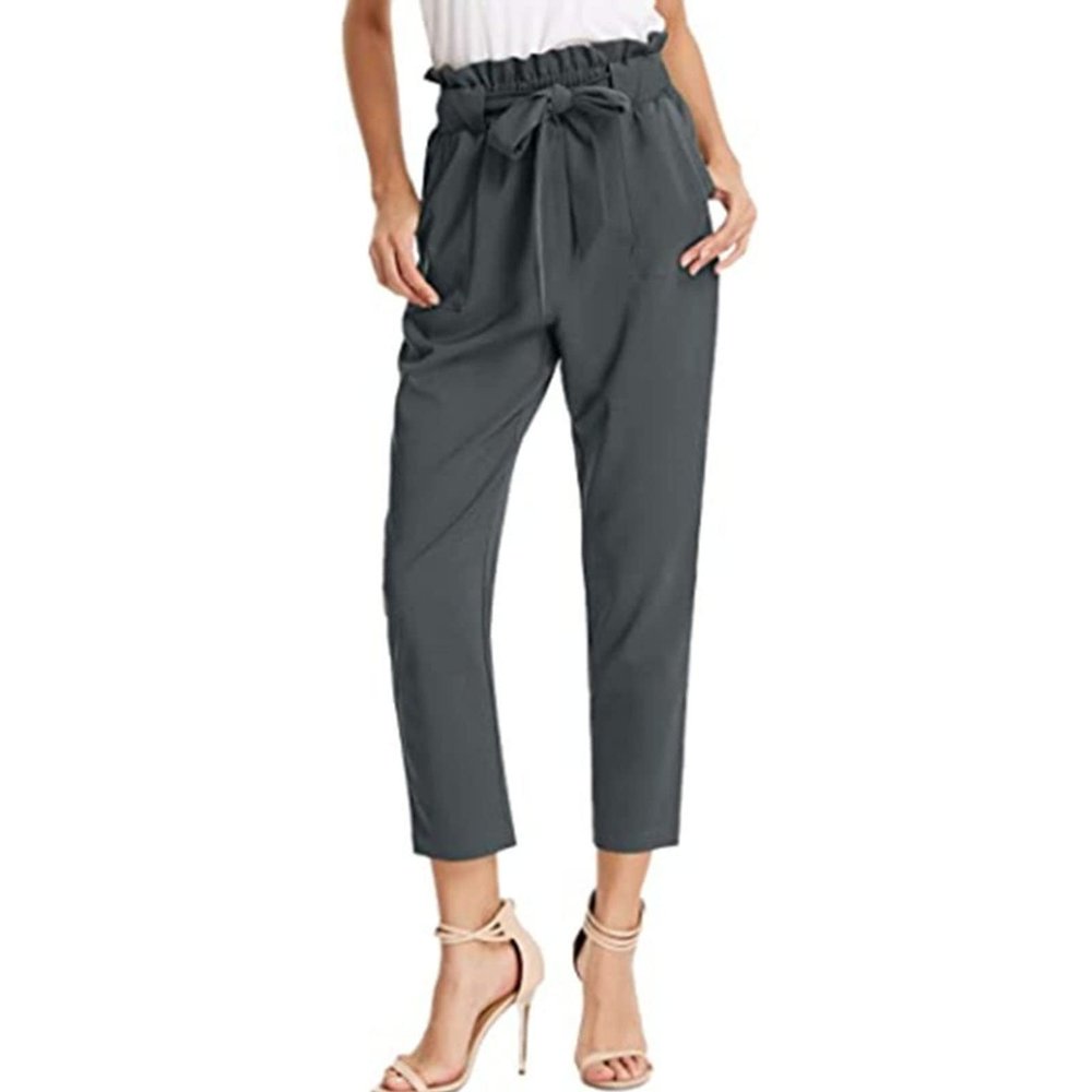 Maiyifu-GJ Women's High Waist Paper Bag Pants Solid Self Tie Belted Pencil Trouser Casual Drawstring Long Pants with Pocket (Dark Grey,Large)