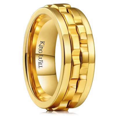 King Will Mens Gold Gear Spinner Rings Stainless Steel Fidgets Two Gold Gear Fidget Ring High Polish Anxiety Ring For Men Women Wedding Band 9.5