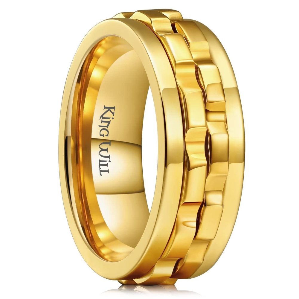 King Will Mens Gold Gear Spinner Rings Stainless Steel Fidgets Two Gold Gear Fidget Ring High Polish Anxiety Ring For Men Women Wedding Band 9.5