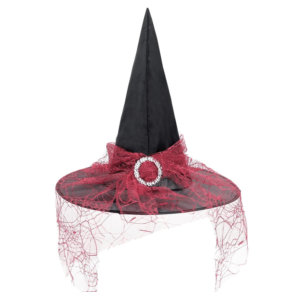 American Trends Halloween Witch Hat for Women Steeple Lace Witch Hat Party Supplies Halloween Costume Accessories Wine Red One Size