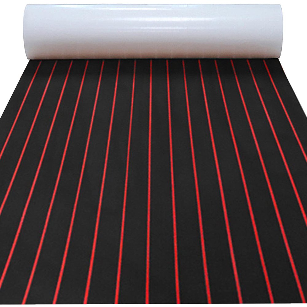 Boat Decking EVA Foam Flooring Sheet, Faux Teak Marine Mat Boat Yacht Carpet, Kayak RV Swimming Pool Non-Slip Flooring Mat, Black with Red Stripes, 6mm Wear-Resistant & Self-Adhesive Pad 95" x 35"
