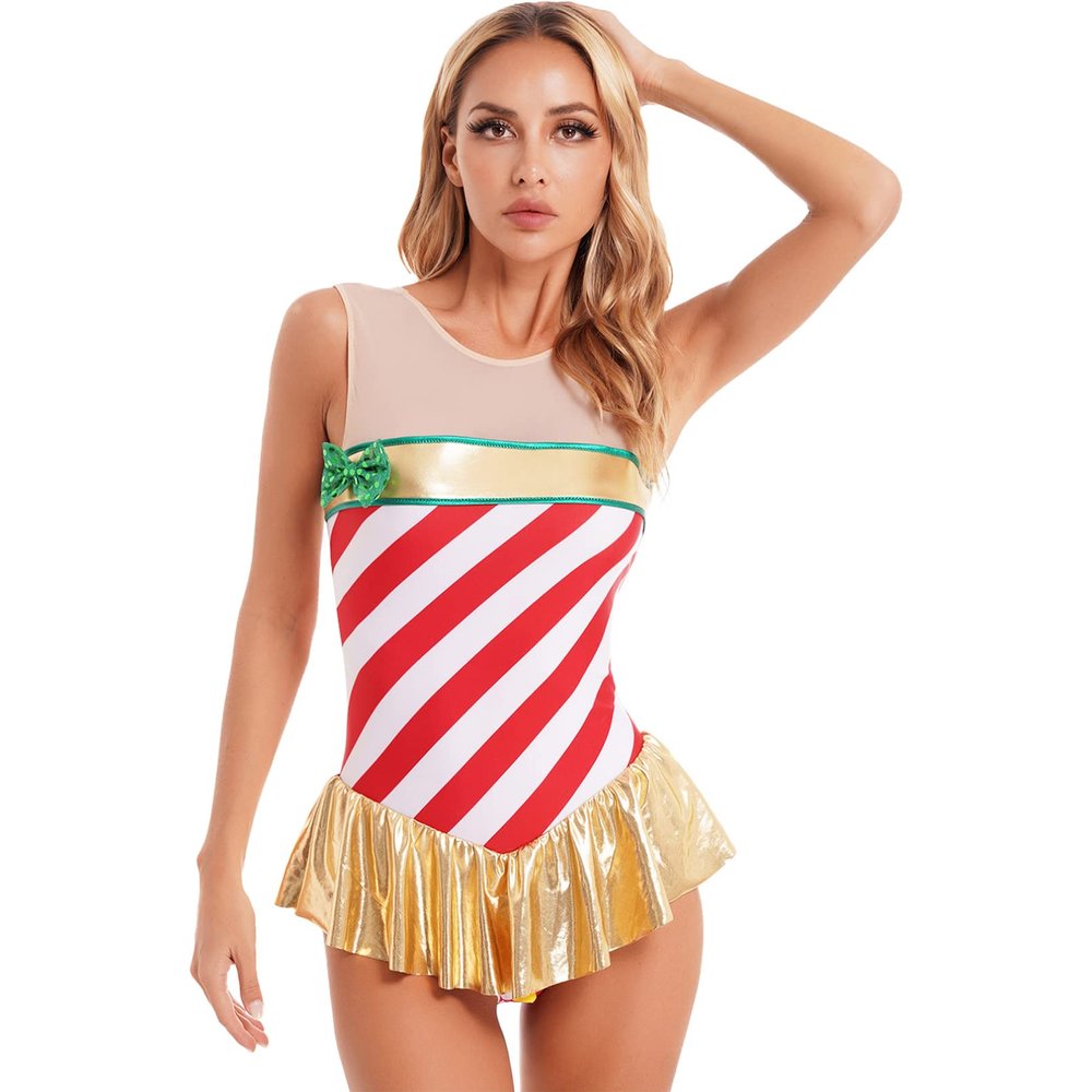TiaoBug Women's Christmas Candy Cane Cosplay Costume Sleeveless Mesh Patchwork Ballet Dance Leotard Dress Red X-Large