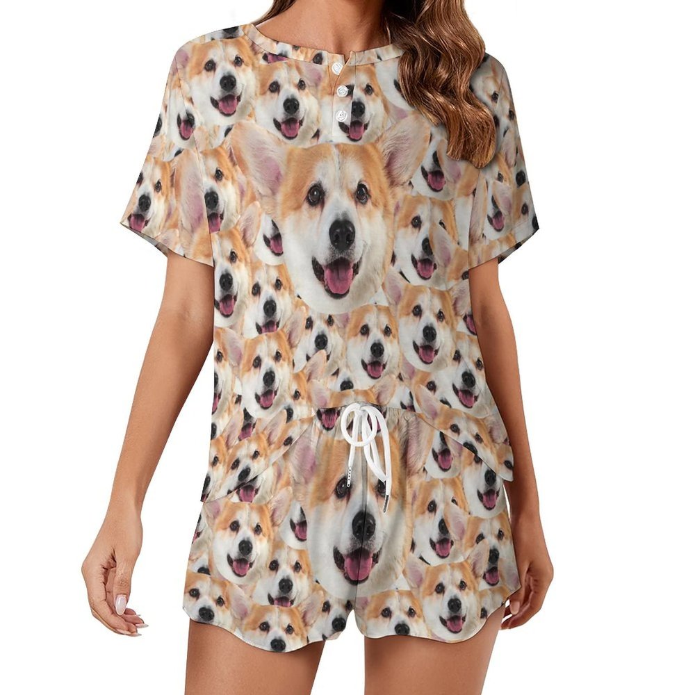 Artsadd Custom Short Pajamas Set With Photo, Women Personalized Lounge Set, Funny Face Printed Sleepwear, Soft Tracksuit Gift(Multiple Faces 03,4XL)
