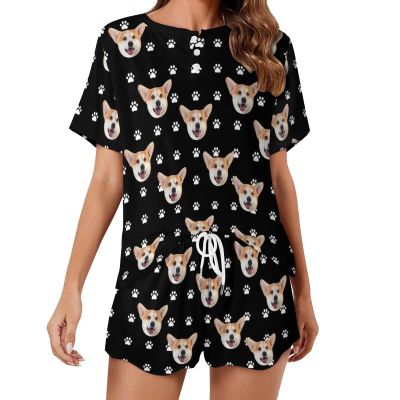 Artsadd Custom Short Pajamas Set With Photo, Women Personalized Lounge Set, Funny Face Printed Sleepwear, Soft Tracksuit Gift(Paw Print,4XL)