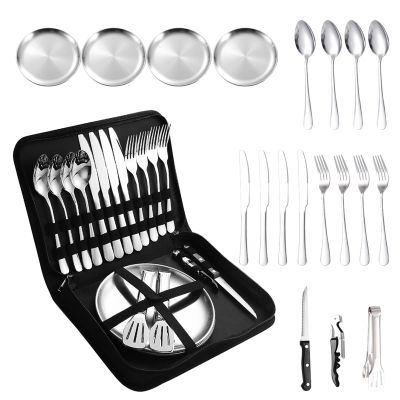 A HOUSEWARE Camping Silverware Silver Picnic Plates and Utensils Set for 4 Portable Tableware Stainless Steel Dinnerware 20 Pieces With Organizer Bag Reusable Durable