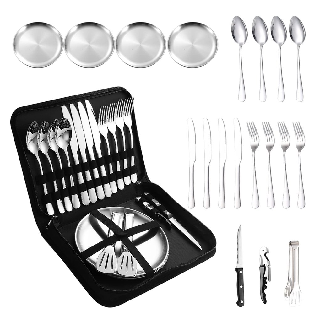 A  HOUSEWARE Camping Silverware Silver Picnic Plates and Utensils Set for 4 Portable Tableware Stainless Steel Dinnerware 20 Pieces With Organizer Bag Reusable Durable