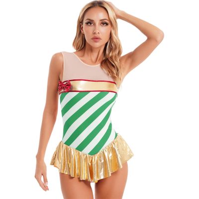 Shinsto Women's Candy Cane Christmas Costume Sparkly Striped Sleeveless Leotard Dresses Dancewear Green 3X-Large