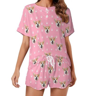 Artsadd Custom Short Pajamas Set With Photo, Women Personalized Lounge Set, Funny Face Printed Sleepwear, Soft Tracksuit Gift(Paw-Pink,XXL)