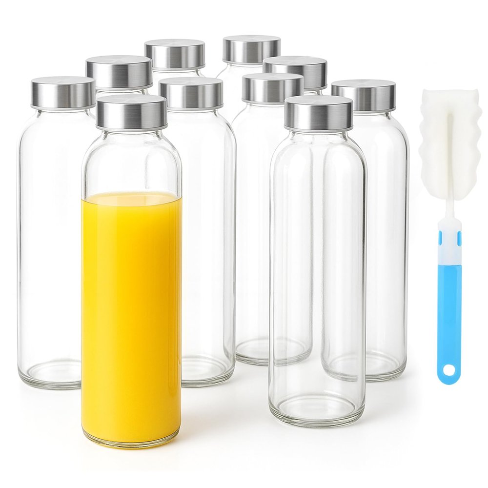 Sursip 24oz Glass Water Bottle Set of 10, Leak Proof Clear glass juice bottle for juicing, Reusable Drinking Bottles with Stainless Steel Lid, Beverage Storage Containers for Refrigerator-BPA Free