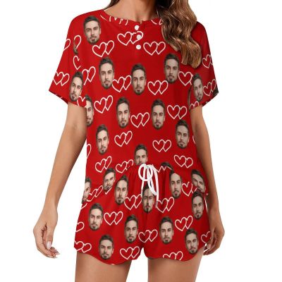 Artsadd Custom Short Pajamas Set With Photo, Women Personalized Lounge Set, Funny Face Printed Sleepwear, Soft Tracksuit Gift(Heart to Heart,M)