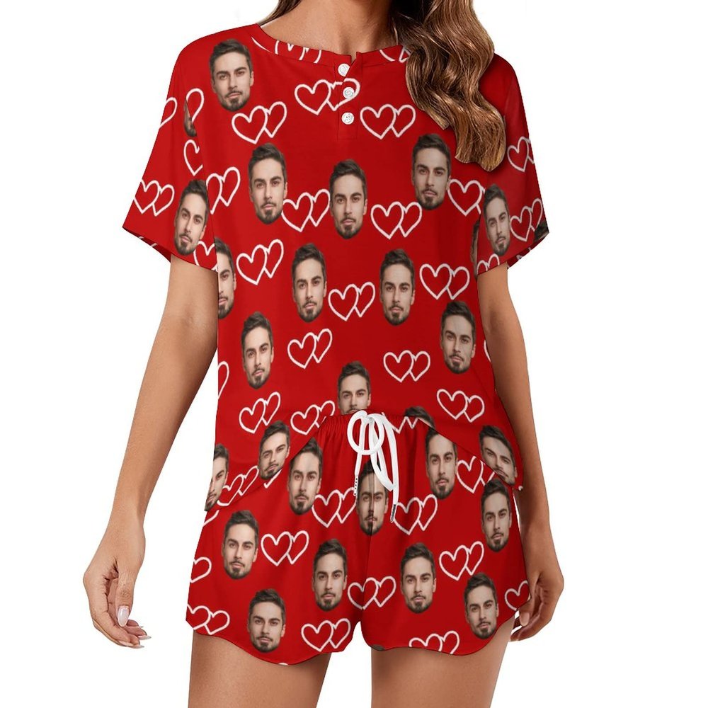 Artsadd Custom Short Pajamas Set With Photo, Women Personalized Lounge Set, Funny Face Printed Sleepwear, Soft Tracksuit Gift(Heart to Heart,M)