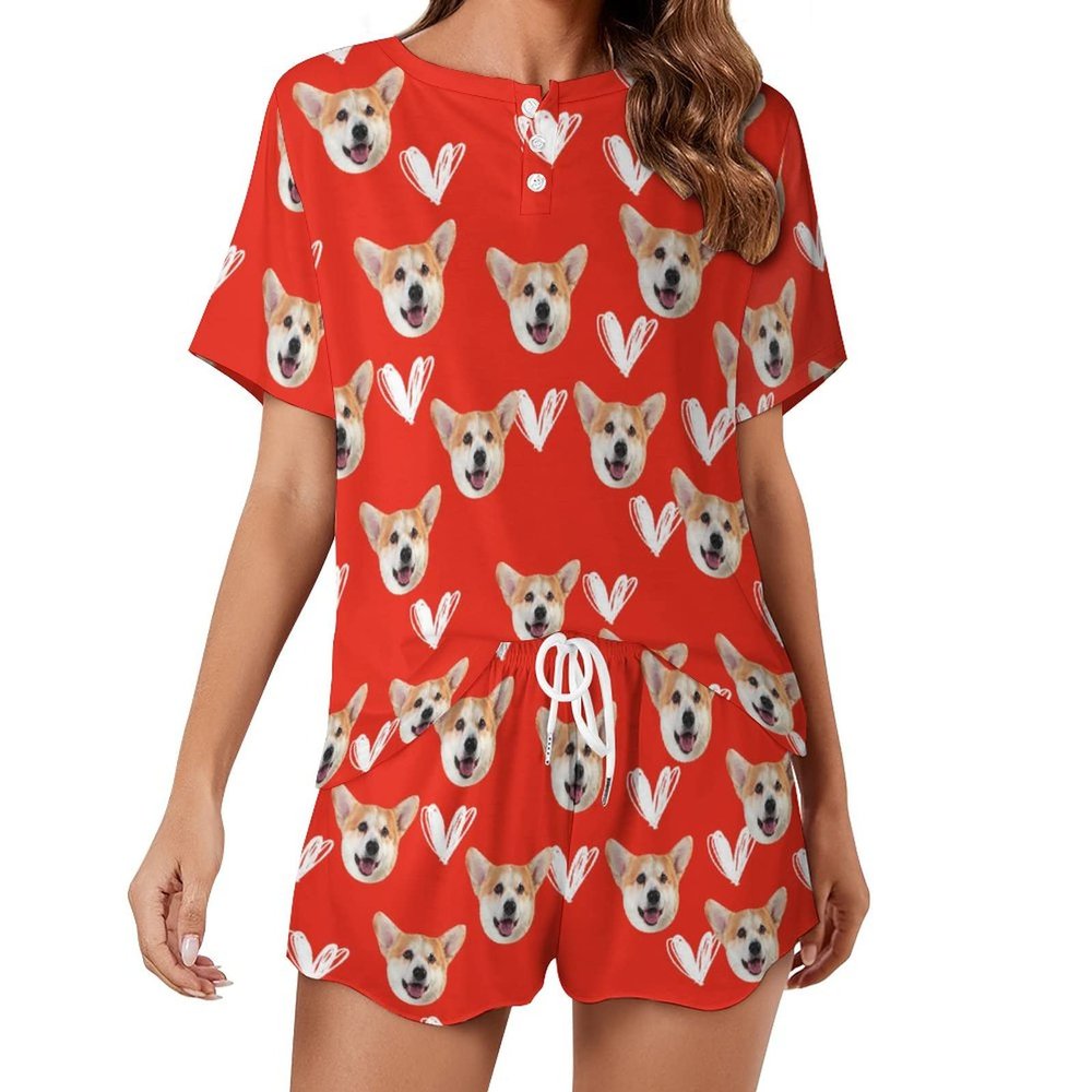 Artsadd Custom Short Pajamas Set With Photo, Women Personalized Lounge Set, Funny Face Printed Sleepwear, Soft Tracksuit Gift(Heart-Red,XXL)