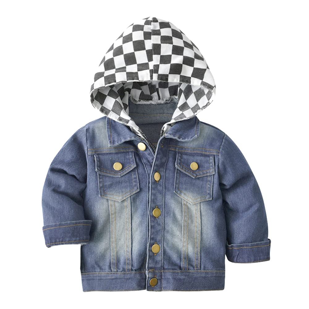 Toddler Denim Jacket Hooded Jean Jacket Girls Jean Jacket Boys' Outerwear Jackets & Coats Little Boys Girls Hooded Zipper Denim Coats Kids Jeans Jacket Outerwear Tops White Plaid Blue 6-12 Months