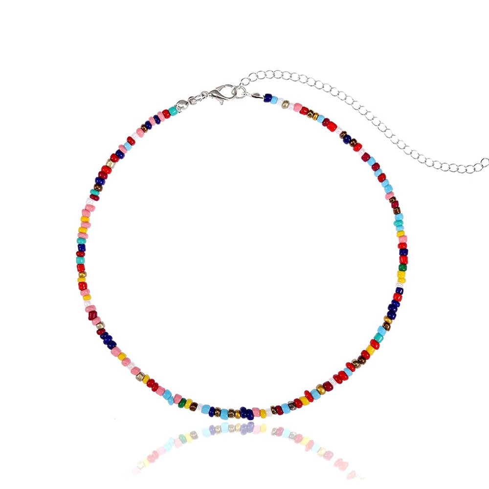 Aularso Boho Beaded Choker Necklace Colorful Short Necklaces Chain Seed Bead Necklace Summer Necklaces Jewelry for Women (Colorful bead-1)