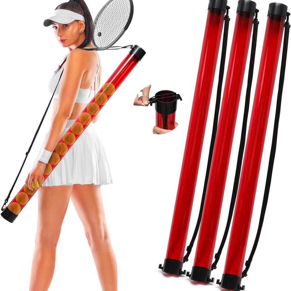 Jerify 3 Pcs Tennis Ball Tube Pickup Picker Holds 18 Balls with Shoulder Strap for Tennis Balls Pickup Collector, Carrier, Dispenser(Red)