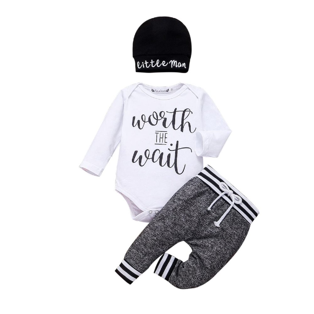 Hopiumy Newborn Baby Boy Girl Clothes Hello World Print Long Sleeve Romper+Long Pants+Hat 3Pcs Outfits Set (Black B,18-24 Months)
