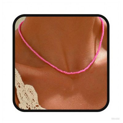 Aularso Boho Beaded Choker Necklace Colorful Short Necklaces Chain Seed Bead Necklace Summer Necklaces Jewelry for Women (Pink)