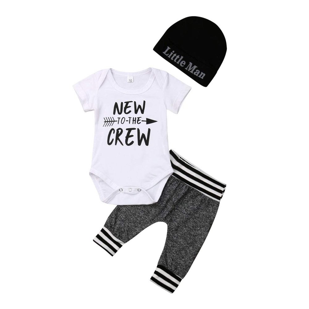 Hopiumy Newborn Baby Boy Girl Clothes Hello World Print Long Sleeve Romper+Long Pants+Hat 3Pcs Outfits Set (Black A Short,0-6 Months)