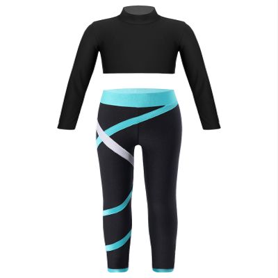 Loodgao Kids Girls 2 Piece Dance Gymnastics Outfits Long Sleeve Crop Top with Athletic Leggings Set Yoga Workout Suit Long Sleeve 10
