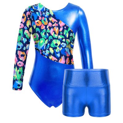 Moily Kids Girls Long Sleeve Shiny Metallic Gymnastics Dance Athletic Jumpsuit One Piece Leotard with Shorts Royal Blue B Set 8