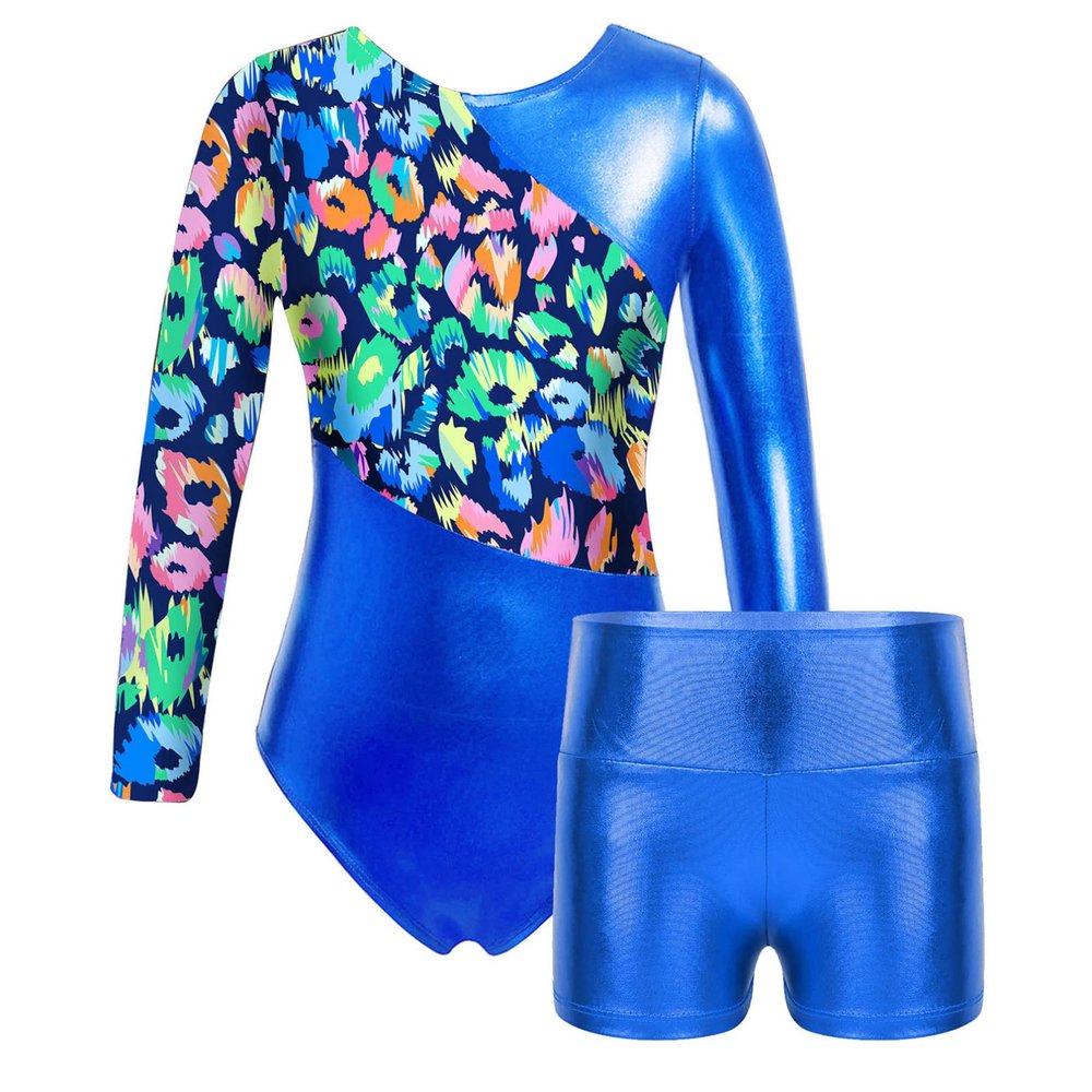 Moily Kids Girls Long Sleeve Shiny Metallic Gymnastics Dance Athletic Jumpsuit One Piece Leotard with Shorts Royal Blue B Set 8