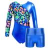 Moily Kids Girls Long Sleeve Shiny Metallic Gymnastics Dance Athletic Jumpsuit One Piece Leotard with Shorts Royal Blue B Set 8 view 1