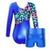 Moily Kids Girls Long Sleeve Shiny Metallic Gymnastics Dance Athletic Jumpsuit One Piece Leotard with Shorts Royal Blue B Set 8 view 2