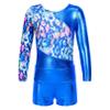 Moily Kids Girls Long Sleeve Shiny Metallic Gymnastics Dance Athletic Jumpsuit One Piece Leotard with Shorts Royal Blue B Set 8 view 3