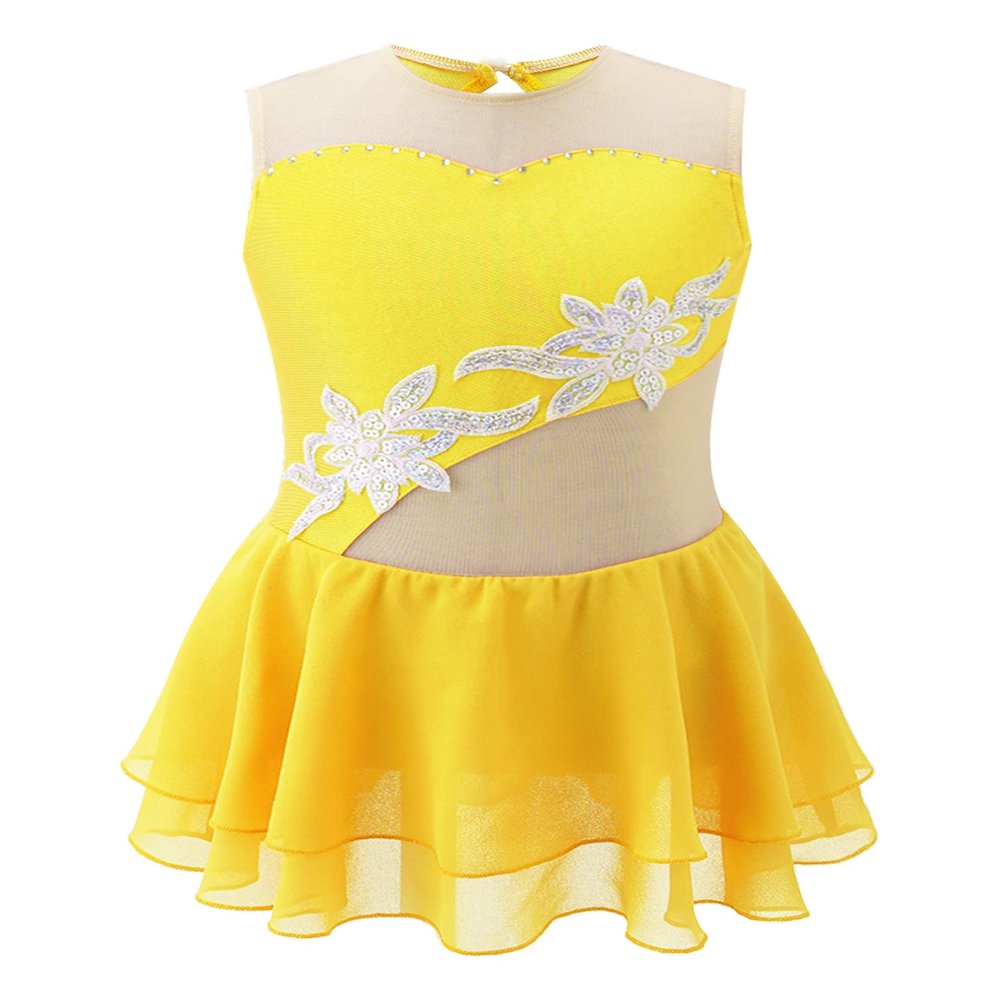 Jhaoyu Girls Figure Skating Dress Sleeveless Sequin Mesh Spliced Ballet Dance Stage Performance Competition Costume Yellow B 14 Years