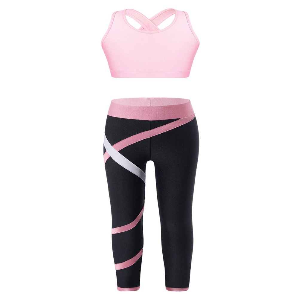 Hansber Kids Girls Gymnastics Crop Top with Leggings Set 2 Piece Dance Sports Outfits Gym Yoga Running Activewear Pink 12