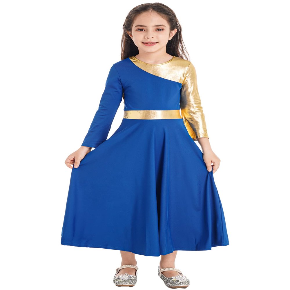 FEESHOW Girls Metallic Cross Liturgical Praise Dance Dress Lyrical Dancewear Color Block Full Length Robe Worship Royal Blue 12 Years