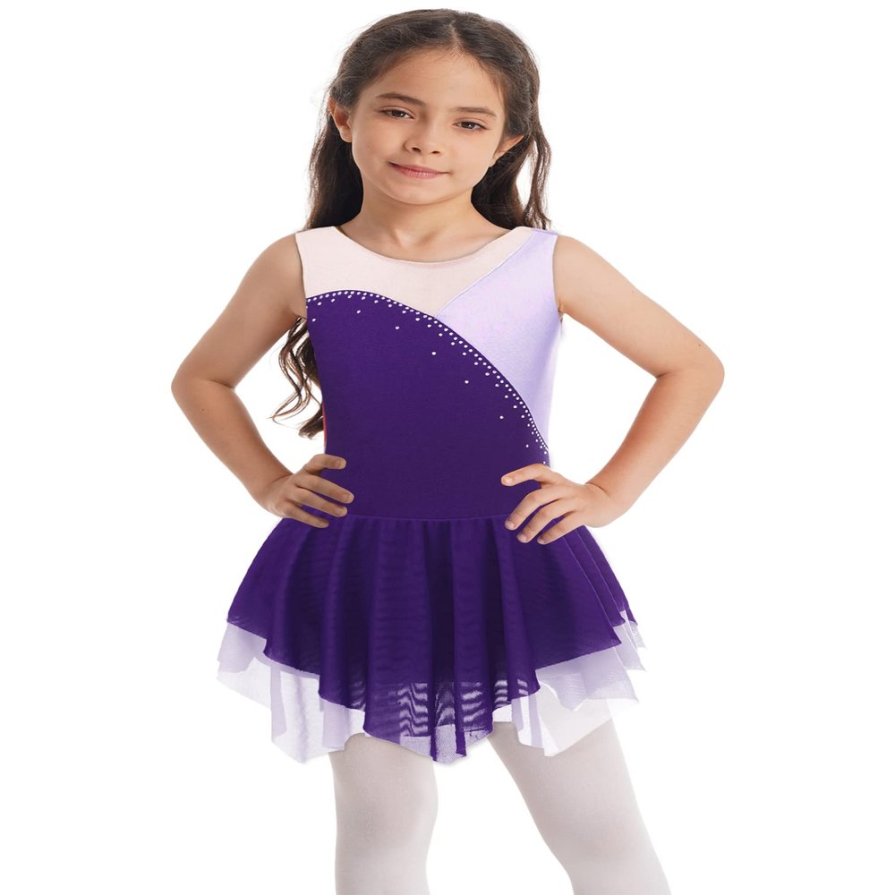 Jhaoyu Girls Figure Skating Dress Sleeveless Sequin Mesh Spliced Ballet Dance Stage Performance Competition Costume Dark Purple&Light Purple 14 Years
