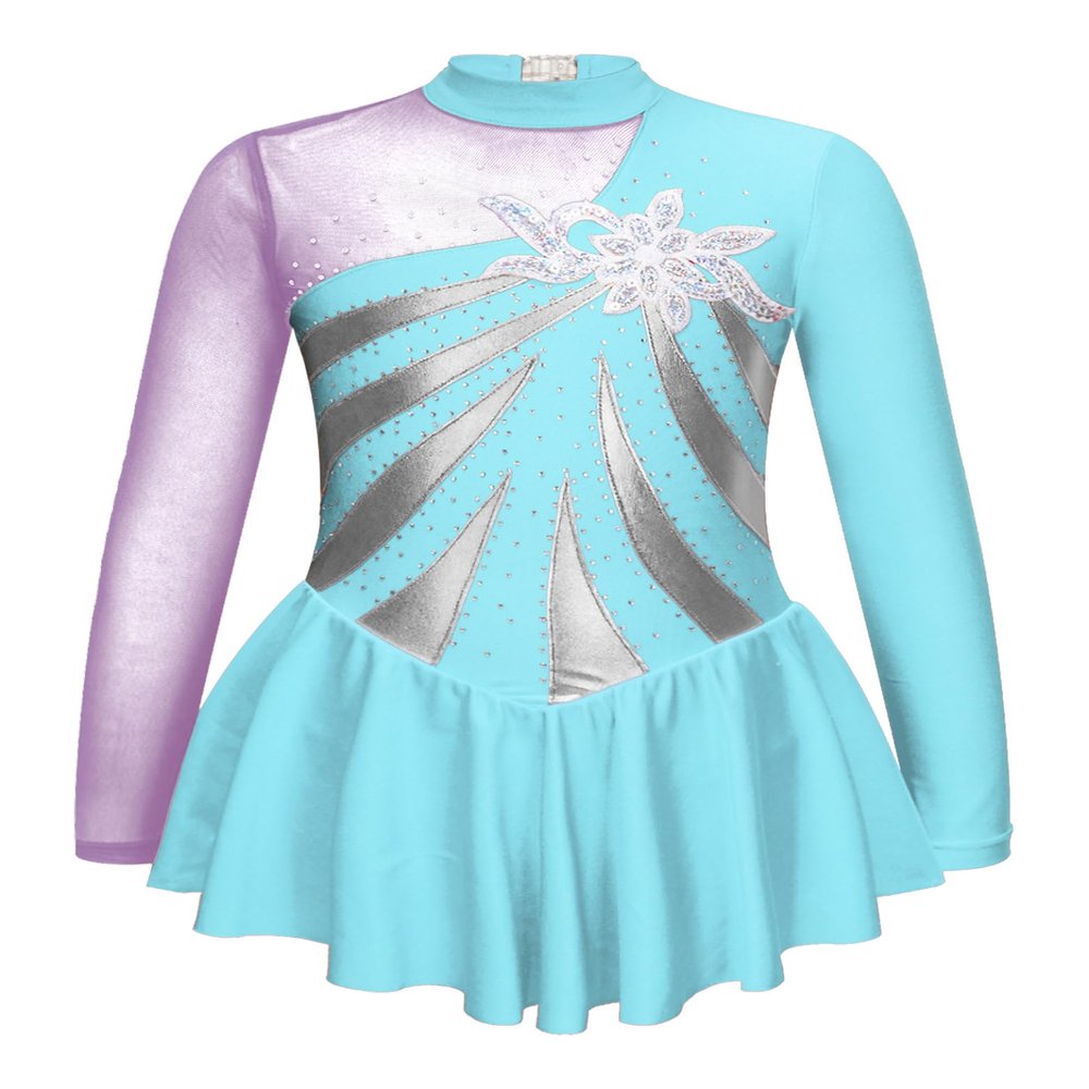 Jhaoyu Girls Figure Skating Dress Shiny Sequin Mesh Long Sleeve Roller Skating Competition Leotard Ballet Tutu Dress Sky Blue C 14 Years