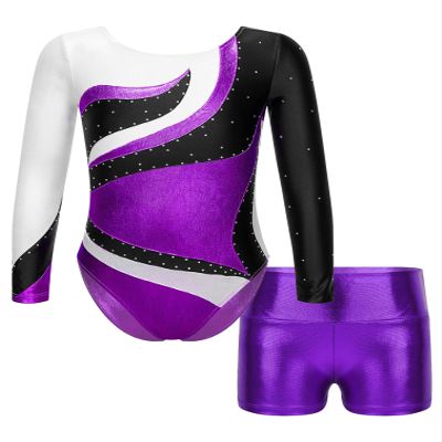 Agoky Kids Girls Sparkly Ballet Dance Outfits Long Sleeve Gymnastics Leotard Unitard and Metallic Shorts 2Pcs Set Tracksuit Purple 14 Years