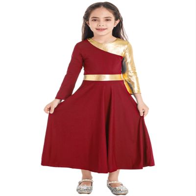 FEESHOW Girls Metallic Cross Liturgical Praise Dance Dress Lyrical Dancewear Color Block Full Length Robe Worship Red 12 Years