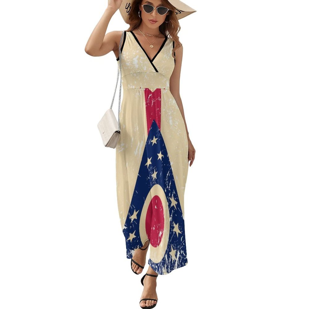 Ohio State Flag Women's Long Dress Sleeveless Swing Maxi Sundress High Waist