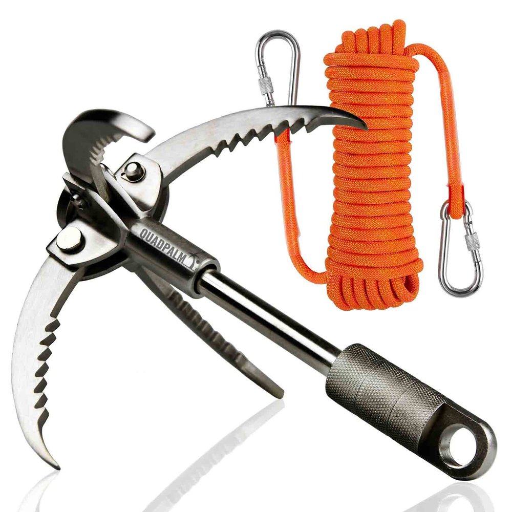 QUADPALM Grappling Hook and Orange Rope 10M (32ft) - Multifunctional Heavy Duty Survival Hook - 2 Locking carabiners - 4 Stainless Steel Folding Claws - Survival Gear - Outdoors Climbing Hiking Gear
