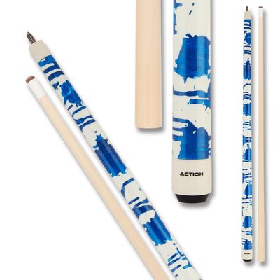 Action VAL38 Value Series Pool Cue - 58" Cue - Hard Maple Shaft with 13mm Boar Skin Tip - Gloss White with Blue Splatter, 21oz