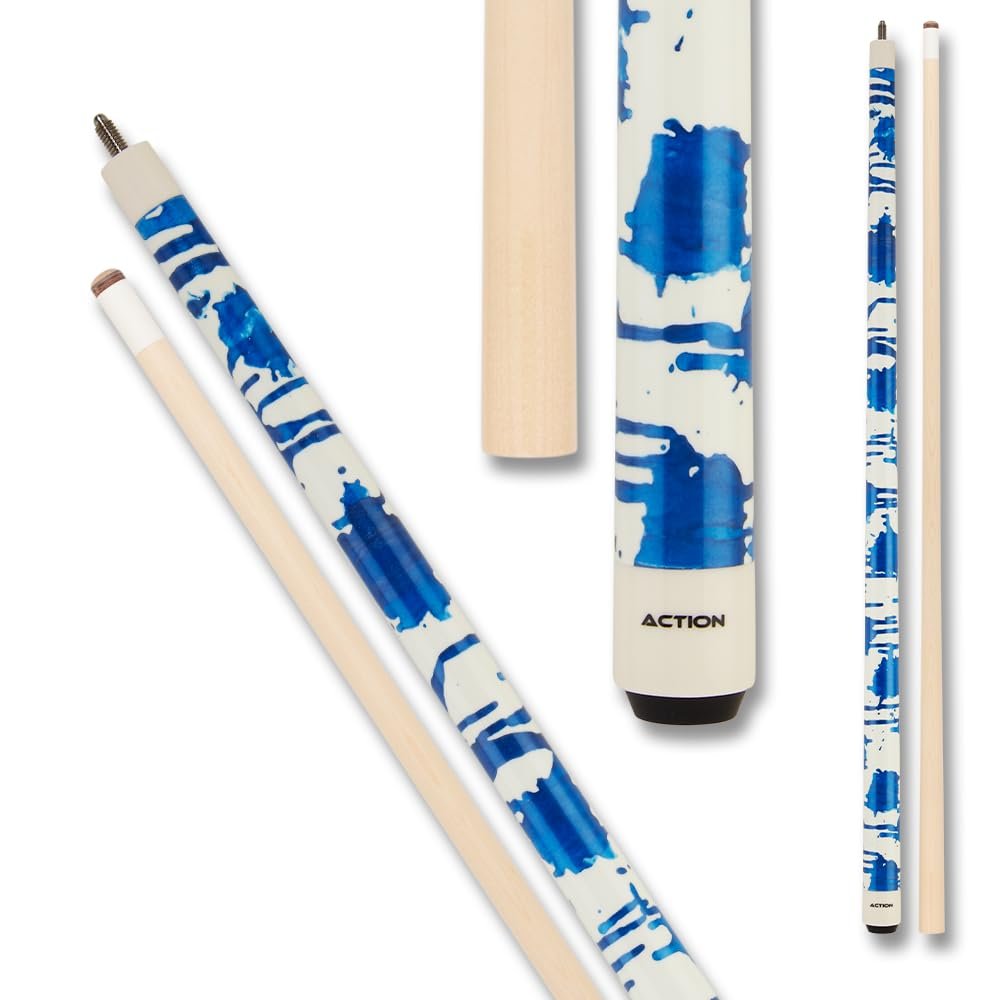 Action VAL38 Value Series Pool Cue - 58" Cue - Hard Maple Shaft with 13mm Boar Skin Tip - Gloss White with Blue Splatter, 21oz